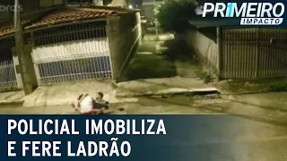 Policial reage a assalto, imobiliza e atira em suspeito | Primeiro Impacto (06/01/22)