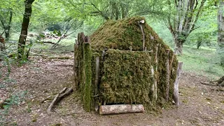 Building Complete Bushcraft Cozy Camp & Cooking Pizza, Roof With Tree Bark And Moss, Solo Overnight
