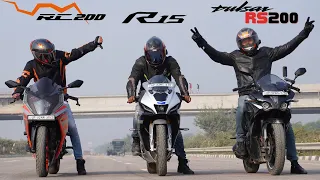 Pulsar RS200 BS7 with39 Teeth Sprocket vs Yamaha R15M vs KTM RC200 Drag Race