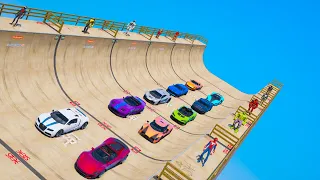 Miles Morales IronMan Spider-man and Super Ramp Challenge GTA V Cars superheroes ! Крутой спуск !