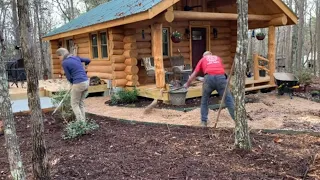 Log Cabin Build part 36. Pouring Concrete pad for hot tub, landscaping around the cabin and clean up