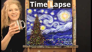 TIME LAPSE - Learn How to Paint STARRY NIGHT CHRISTMAS with Acrylic - Van Gogh Inspired Landscape