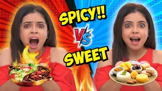 24 HOURS 🍭 SWEET VS SPICY 🌶 FOOD CHALLENGE 😱 | Ramen, MOMO, Mochi, Sandwich | Wonder Munna Unplugged