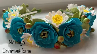 DIY💙🤍 Красивий обруч з квітами у біло - голубих кольорах / Foam flowers / @nataliyacreativehome3135