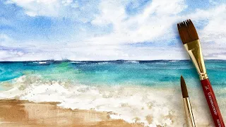 Loose Watercolor Blue Sky Ocean Waves Landscape | Paint With Me Challenge July 2020