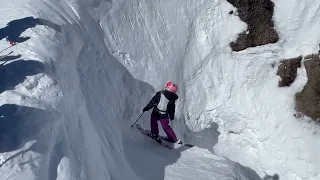 Two Young Ladies Dropping In for the First Time - Corbet's Couloir - Jackson Hole Mountain Resort