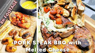 Pork Steak Barbecue with Melted Cheese - 8K Video