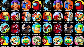 Bowmasters,StickWar,ScaryTeacher,Rainbow.io,AmongUs,KickTheBuddy,SkibydiToilet,Ball Hero 2,HillClimb