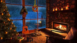 Уютная зимняя атмосфера - потрескивание камина, звуки метели, снегопад и завывающий ветер