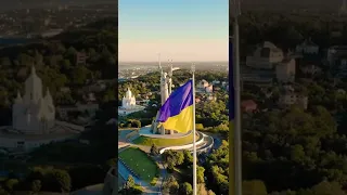 aerial drone flyby shot in kyiv biggest national-flag of ukraine aerial view-4K #shorts