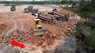 Part.83| Fantastic Busy Action Of Komatsu Dozer Push Big Stone Into Water For Performance Place
