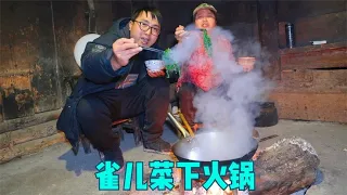 湖南大山开始下雪了，冬宝去扯点雀儿菜，和腊排骨下火锅，太香啦