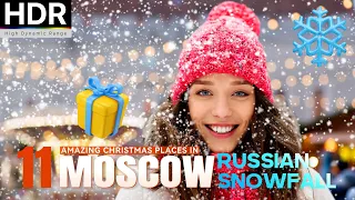 🇷🇺 RUSSIAN SNOWFALL ❄️ Top 11 places in Moscow at night on Christmas Eve - With Captions ⁴ᴷ (HDR)