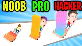 Can We Beat NOOB vs. PRO vs. HACKER In BRICK BUILDER APP? (FUNNY IPAD GAME!)
