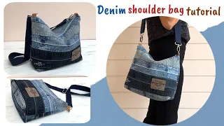 how to make denim zipper shoulder bag from old jeans waist bands,shoulder bag tutorial,sling bag diy