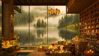 Wooden Room with Lakeside View | Rain on window, crackling fireplace for Work, Study & Relax