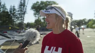 Olympian Mariah Millen (CAN) chat during the 2022 49erFX World Championship