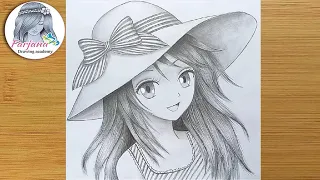 How to draw Anime girl with hat - step by step  || Manga Girl Pencil Sketch