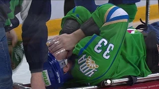 Ufa's Denis Bodrov suffers a knee injure