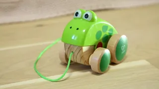 Hape Frog Pull-Along | Wooden Frog Fly Eating Pull Toddler Toy, Green, L: 4.7, W: 3.8, H: 3.3 inch