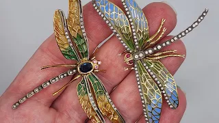 IMPORTANT OLD JEWELRY - GET TO KNOW PLIQUE A JOUR ENAMEL - 18K GOLD DIAMOND & GLASS DRAGONFLY PINS