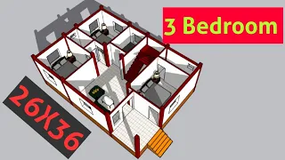 26 by 36 house plan with 3d elevation II 26 x 36 ghar ka naksha II 26 x 36 home design