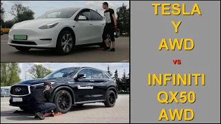 Tesla Y Dual Motor AWD vs Infiniti QX50 AWD - EV vs ICE - @4x4.tests.on.rollers