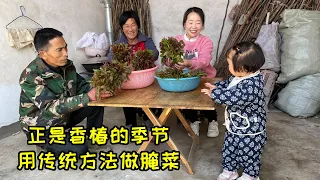 媳妇赶集买了好多香椿叶，热水一烫，传统方法制作咸菜，给全家尝尝鲜