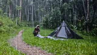 HIT BY CRAZY RAIN STORM & THUNDERSTORM - solo camping LONG HEAVY RAIN with NEW TENT - ASMR