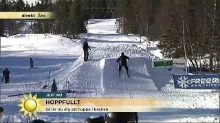 Nervöst när TV4:s reporter ska hoppa med skidor - Nyhetsmorgon (TV4)