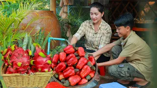 Pick cashew and mango, cooking juicy cashew sauce, dragon fruit sandwich and drink - Sros Cooking