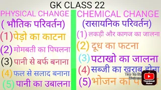 GK CLASS 22 PHYSICAL CHANGE AND CHEMICAL CHANGE (भौतिक परिवर्तन और रासायनिक परिवर्तन)