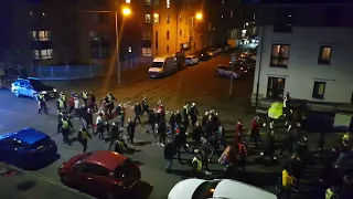 Red Star Belgrade fans walking to Ibrox Stadium