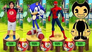 Tag with Ryan vs Sonic Dash vs Spiderman Unlimited vs Bendy in Nightmare Run All Characters Unlocked