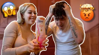 NAIR HAIR REMOVAL PRANK ON BOYFRIEND! *NO MORE CURLS*