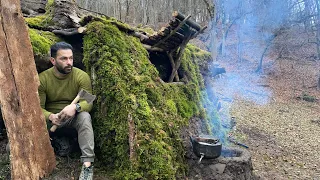 Building Complete & Warm Survival Shelter Under The Trunk, Bushcraft Earth Hut, Fireplace With Clay