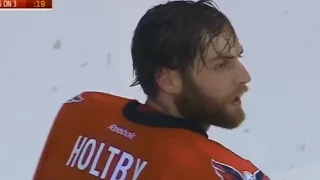 Holtby Loses his Mask Then Almost Gets Hit by Faulk's Slap Shot (10/17/15)