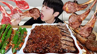 ASMR MUKBANG | KOREAN KIMCHI RECIPE ! BLACK BEAN NOODLES & FRIED lamb & STEAK! Recipe