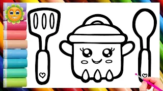 Kitchen Utensils Drawing and Coloring for kids and toddlers . how to draw for children