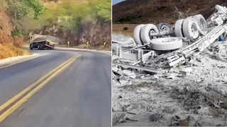 Vídeo mostra caminhão sem freios tombando em curva da BR 030, BA