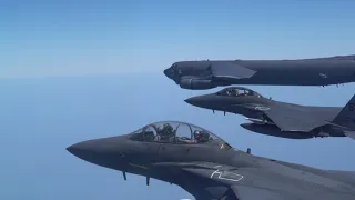 B-52 refuelling and formation flight with USAF F-15E Strike Eagles and U.S. Navy F/A-18 Hornets.