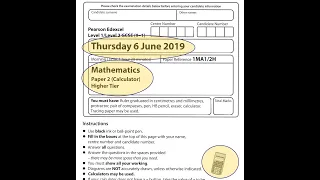 EDEXCEL GCSE Maths. June 2019. Paper 2. Higher. Calculator. 2H.