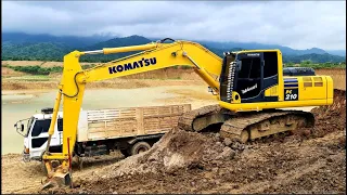 รถขุด KOMATSU PC210-10M0 พารถใหม่มาลงงานแก้มลิงกับทีมงานสิบล้อ งานทอยเก็บขอบสันเขื่อน