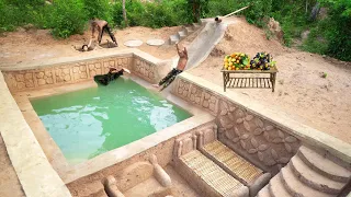 Boy and Girl Bushcraft Solo Camping Build Beautiful Underground House Water Slide to Swimming Pool