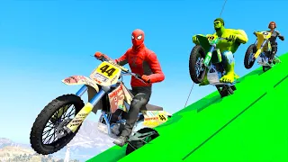 Hulk vs Spiderman vs Black Widow Driving Over Wall on SKY with SUPERHERO Motorcycles GTA V Mods #143