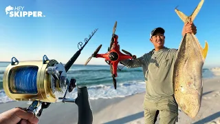 Beach Fishing W/ MASSIVE Fishing Gear?  (Fish ALMOST pulls my friend in!)