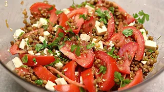 Simple lentil salad with tomatoes and feta is ideal! I never get tired of eating the salad!