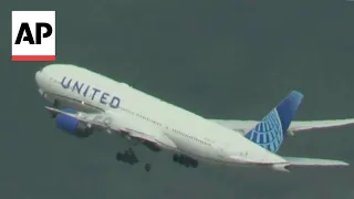 Moment United Airlines plane loses a tire during takeoff
