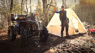 ATV Camping in a CANVAS TENT with a WOODSTOVE. BACON, 🥓, and more BACON! can am RENEGADE camping!