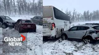 Cars sent "flying off" highway in Alberta as blast of winter weather leaves poor road conditions